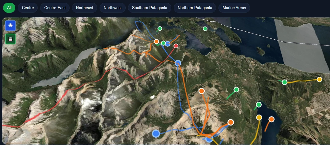 Mapa 3D interactivo de senderos de Sliabh en la Patagonia, con filtros por región