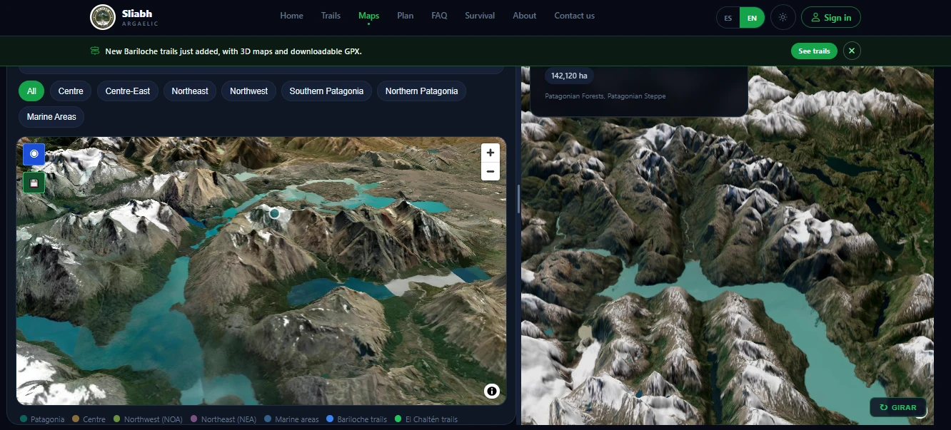 Sección Maps de Sliabh: área protegida en 3D (bosques y estepa patagónica) junto a los senderos de Bariloche
