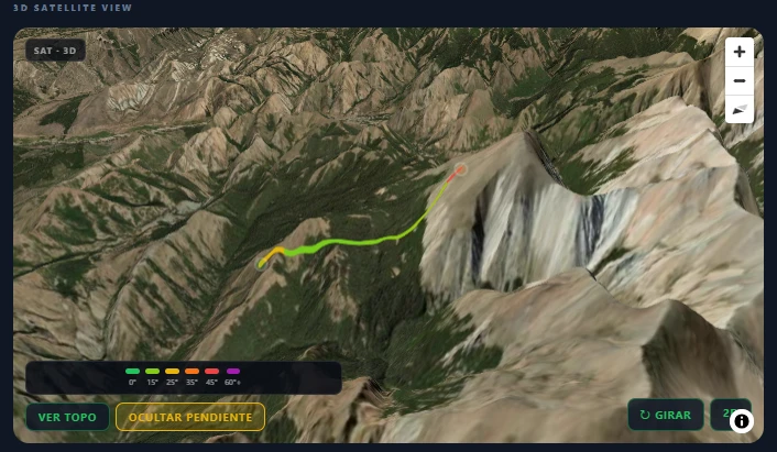 Vista satelital 3D de un sendero en Sliabh, con curva de pendiente y desnivel